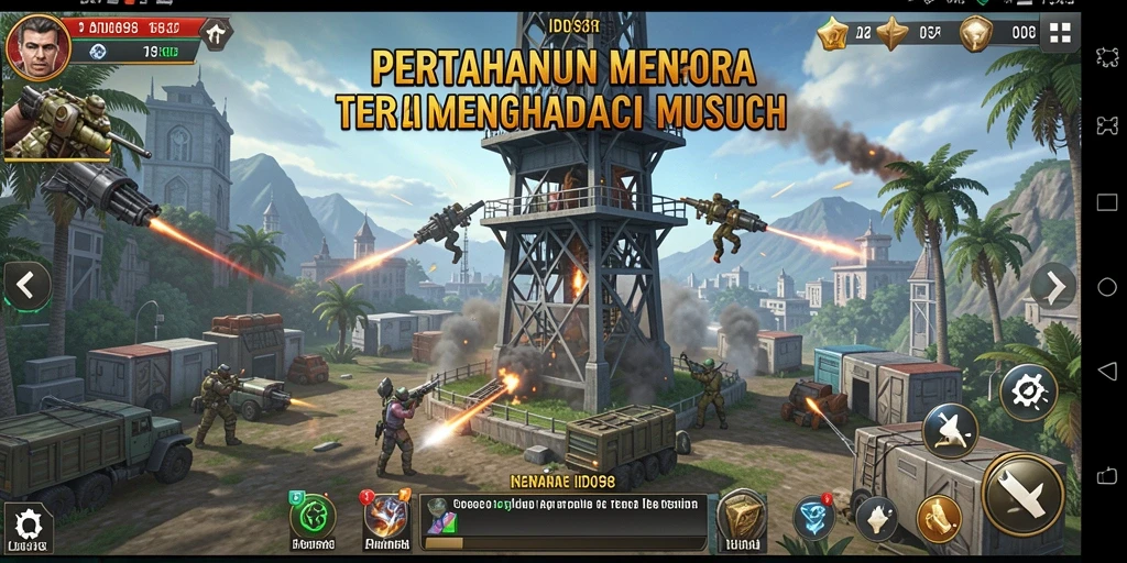 Screenshot ID098 menunjukkan pertempuran mendebarkan dalam permainan Tower Defense.