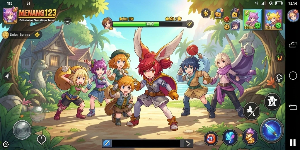 Tampilan gameplay dinamis dari MENANG123 dengan karakter Anime yang beraksi.