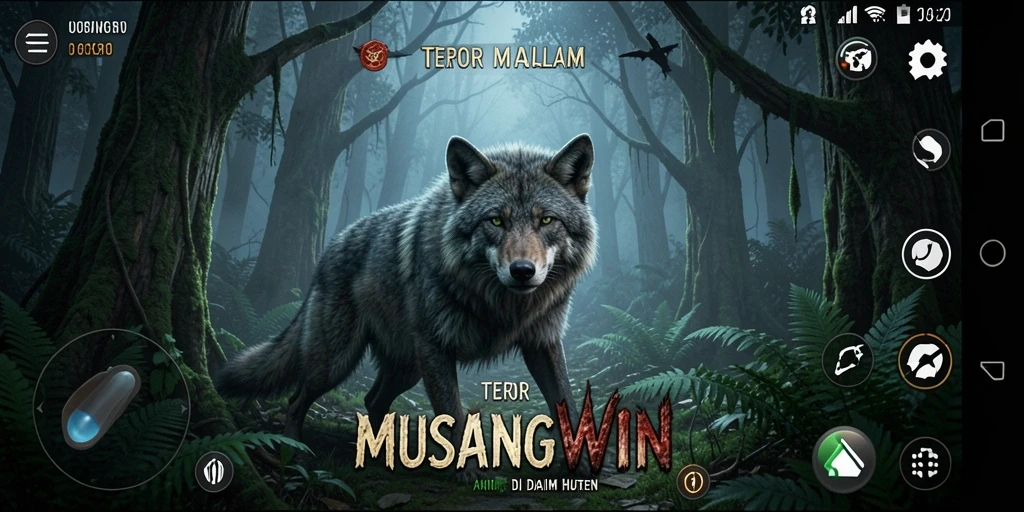Screenshot utama gameplay MUSANGWIN menampilkan suasana horor yang mencekam.