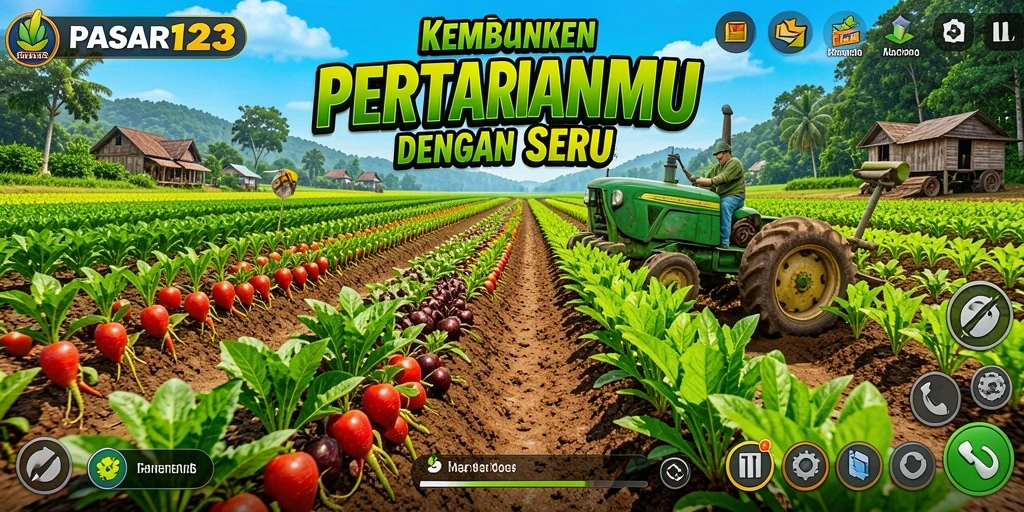 Tampilan gameplay PASAR123 dengan lahan pertanian yang subur dan berbagai tanaman.