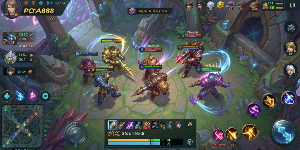Tampilan gameplay seru dalam arena MOBA penuh aksi.