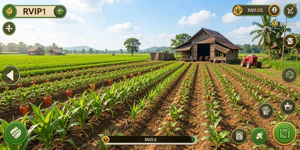Screenshot gameplay RVIP1 menampilkan kehidupan bertani yang dinamis dan interaktif.