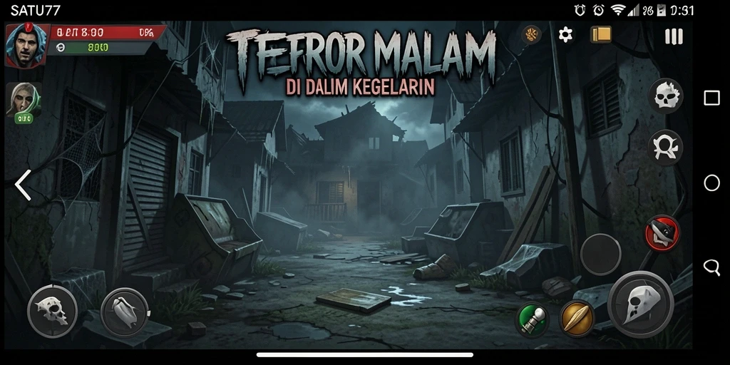 Screenshot menunjukkan momen mendebarkan dalam gameplay Horror SATU77.